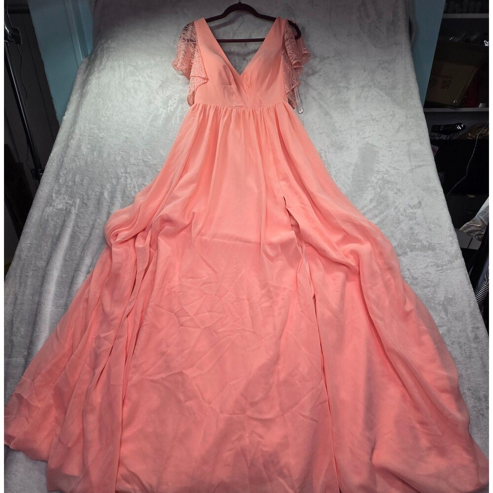 Azazie Peach Formal Dress Bridesmaid Size 2 A2 Chiffon Slit Lined Prom Dance
